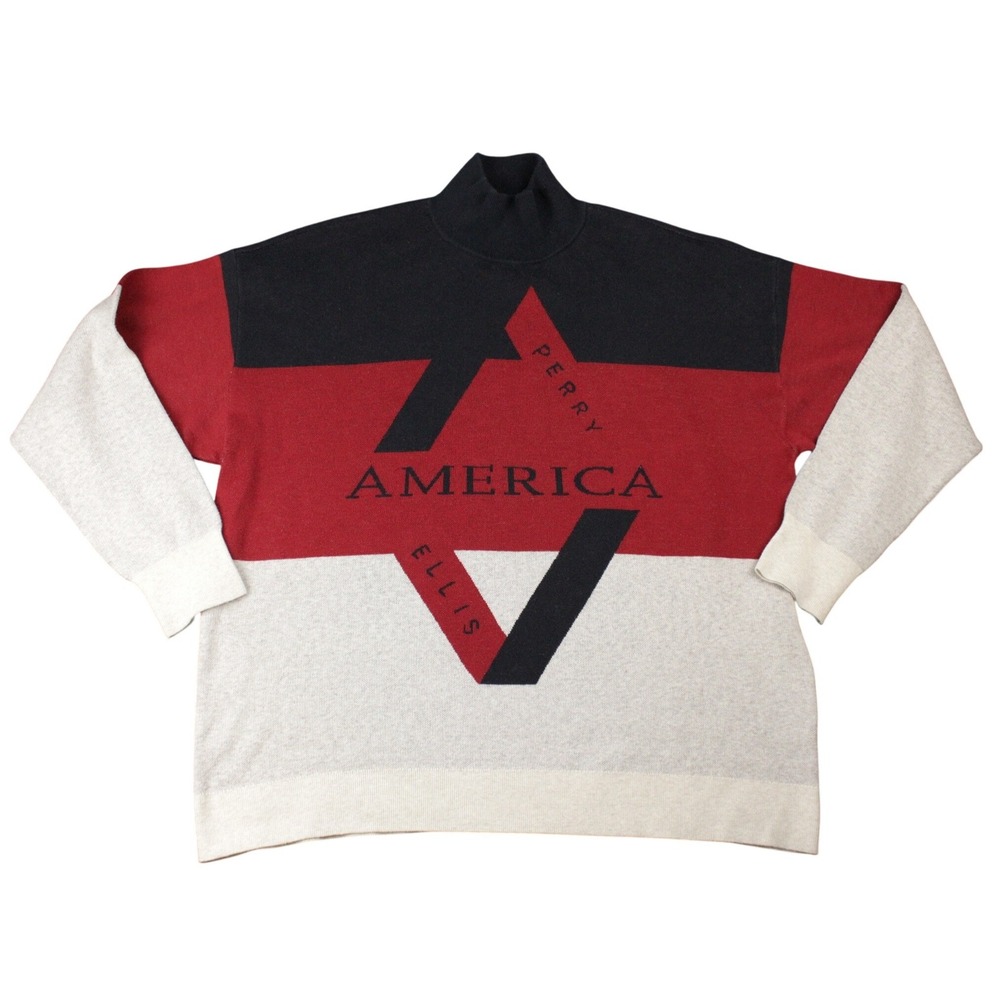 Perry Ellis America Mens XL Colorblock Mock Neck Sweater Navy Red White Vintage
